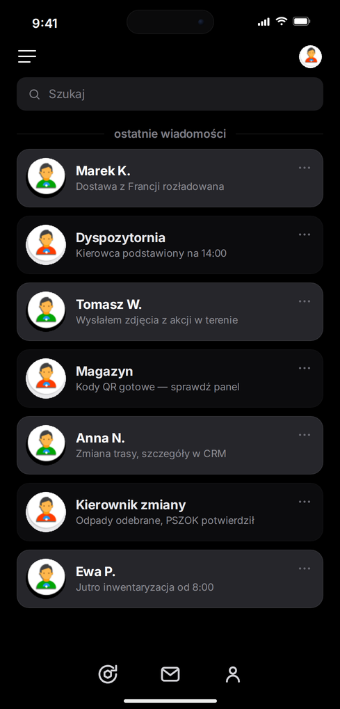 Aplikacja mobilna RAD na iOS w trybie ciemnym — ostatnie wiadomości i powiadomienia zespołu