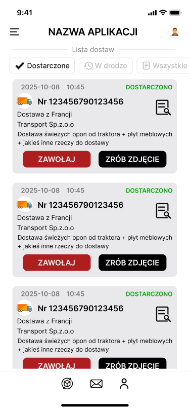Aplikacja mobilna RAD na Androida — lista dostaw ze statusami