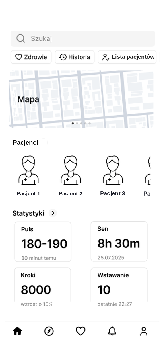 Aplikacja mobilna Elder Watch — mapa pacjentów oraz statystyki zdrowia: puls, sen, kroki i wstawanie