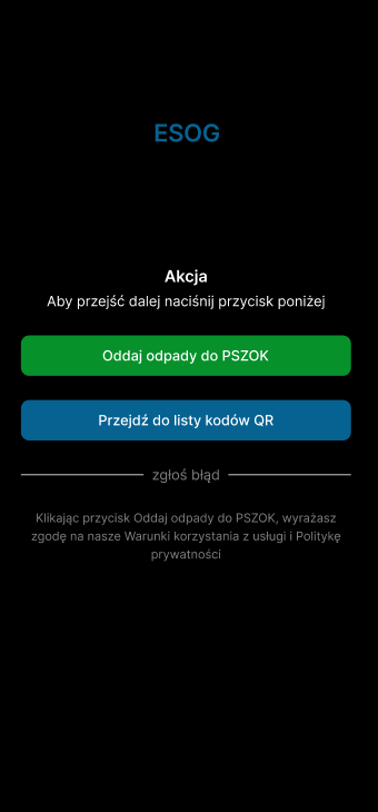 Aplikacja ESOG — ekran akcji: oddaj odpady do PSZOK lub przejdź do listy kodów QR